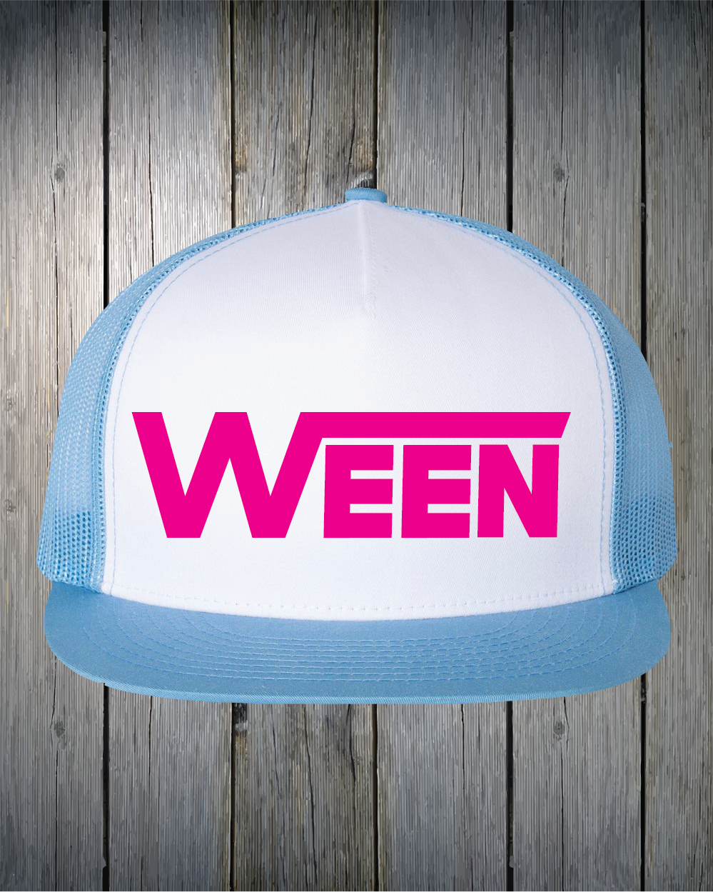 Light Blue Trucker Hat Pink Print 2